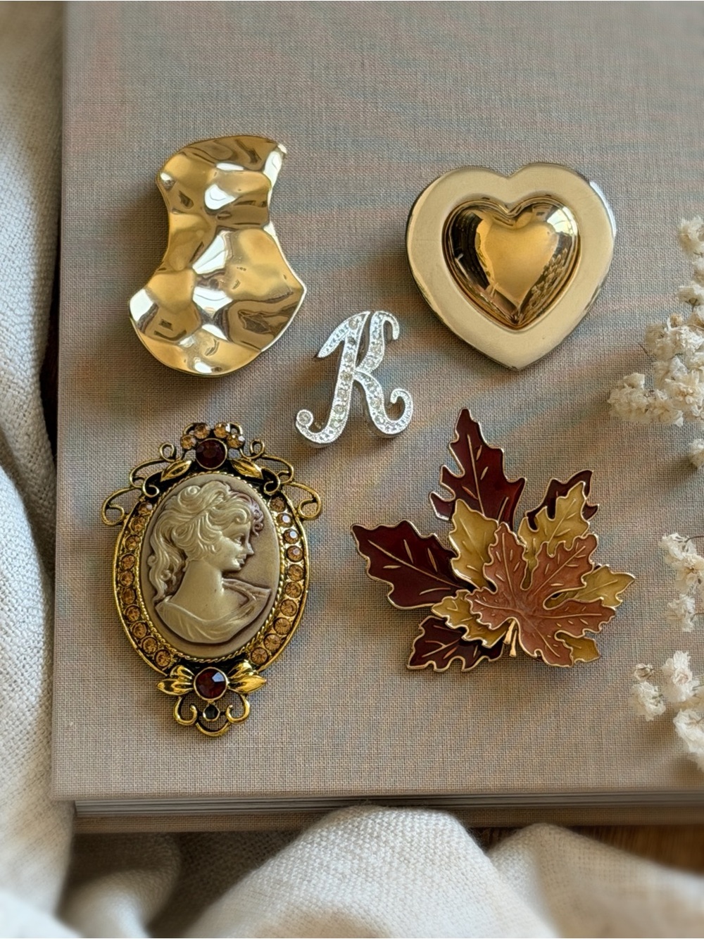 Vintage-Inspired Brooch Lot — Gold, Cream, Burgundy Tones
